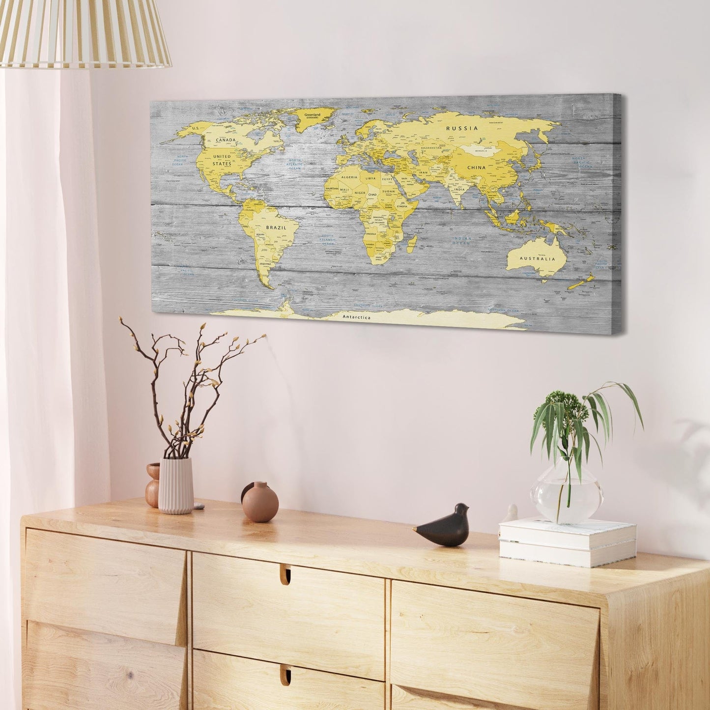 Yellow Grey Map of World Atlas Canvas Wall Art Print