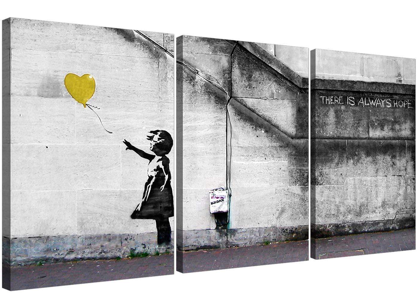 Modern Banksy Balloon Girl Yellow Heart Hope Canvas