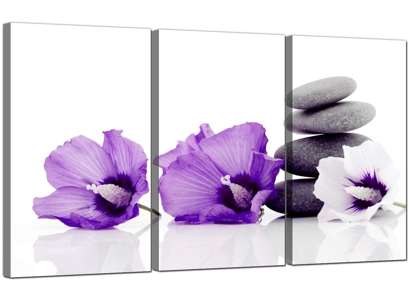 Large Purple Grey White Flowers Zen Stones Floral Canvas Art