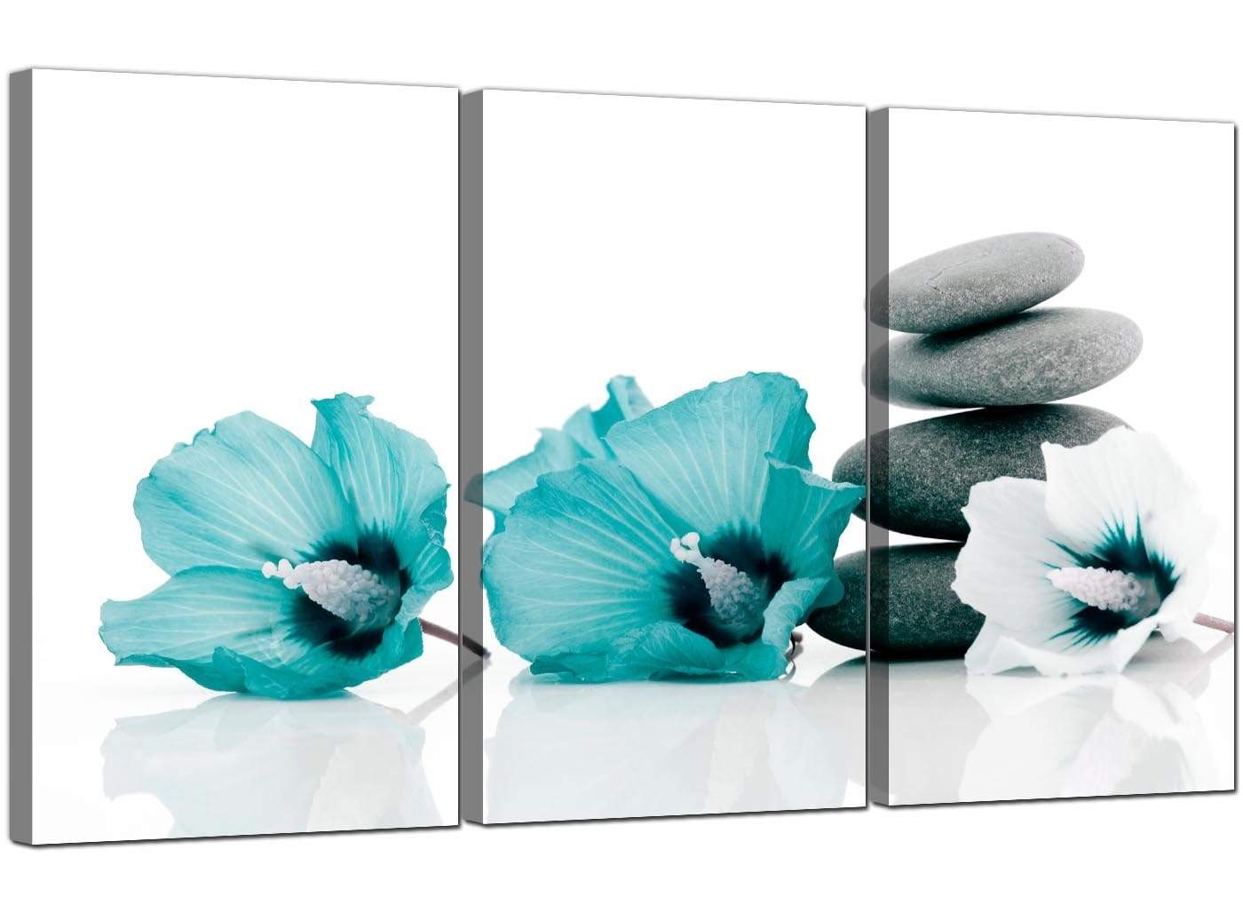 Modern Teal Grey White Flowers Zen Stones Floral Canvas