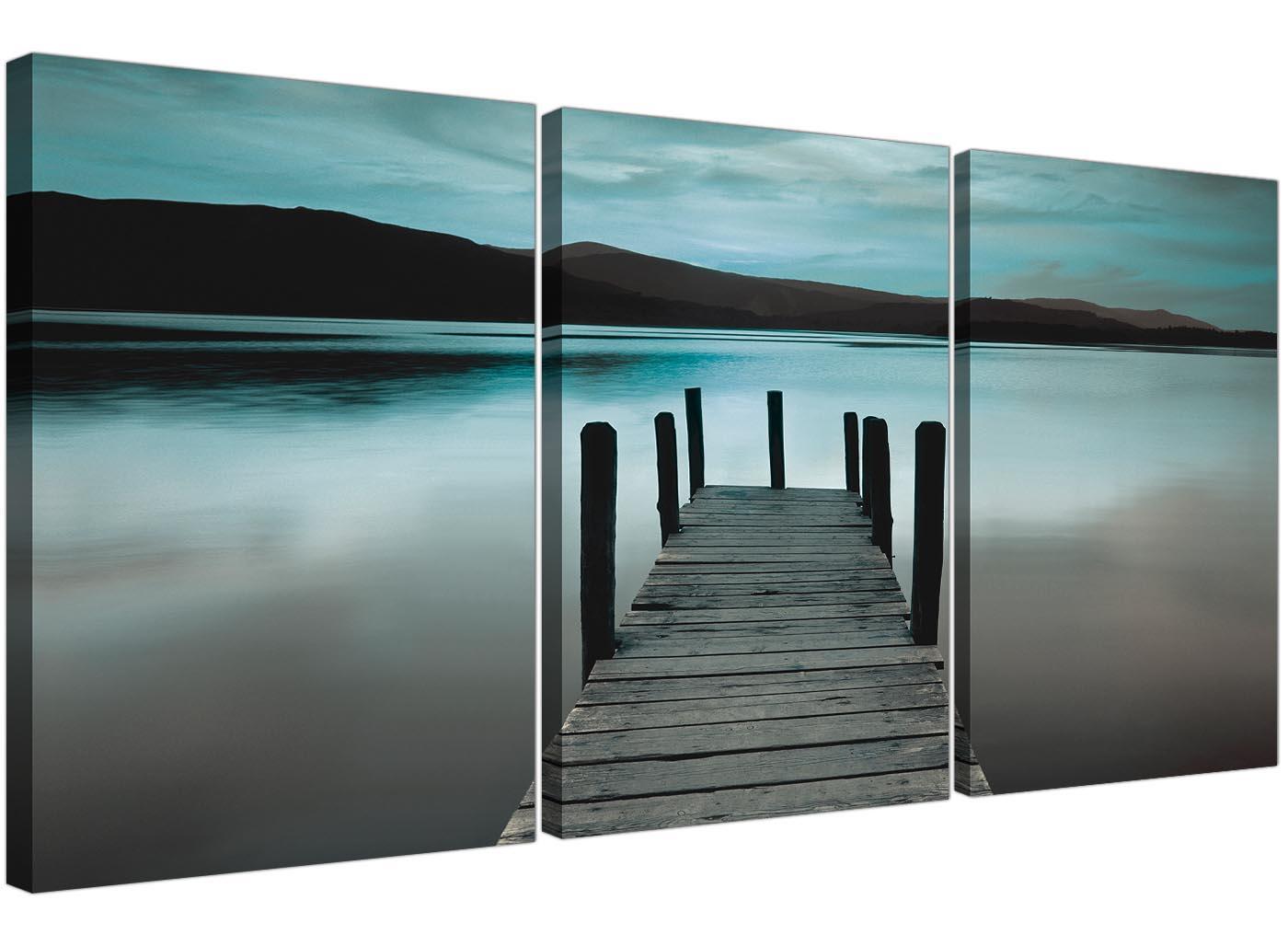Modern Teal Grey Coloured Lake Jetty View Landscape Canvas
