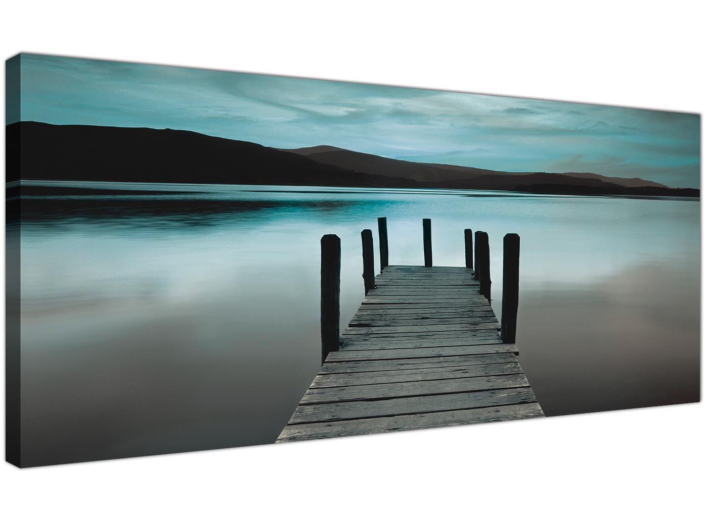 Modern Teal Grey Coloured Lake Jetty View Landscape Canvas