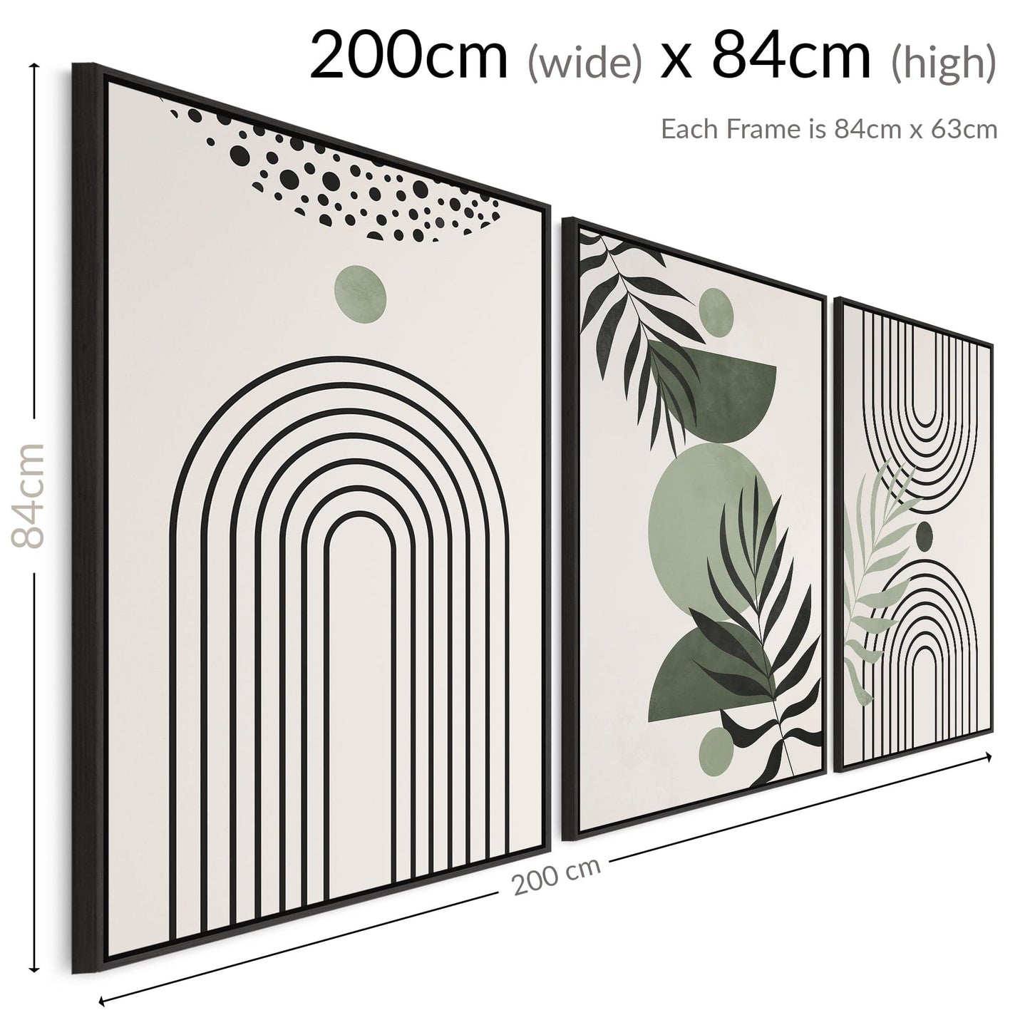 Boho Wall Art - Framed Set of 3 - Extra Large - Green Canvas