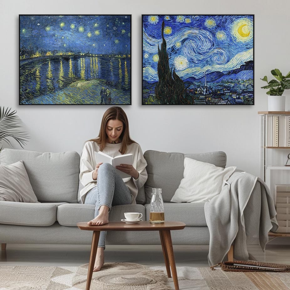 Extra Large Vincent Van Gogh Starry Night Pair of Blue Wall Art Framed Canvas Landscape Paintings - Set of 2