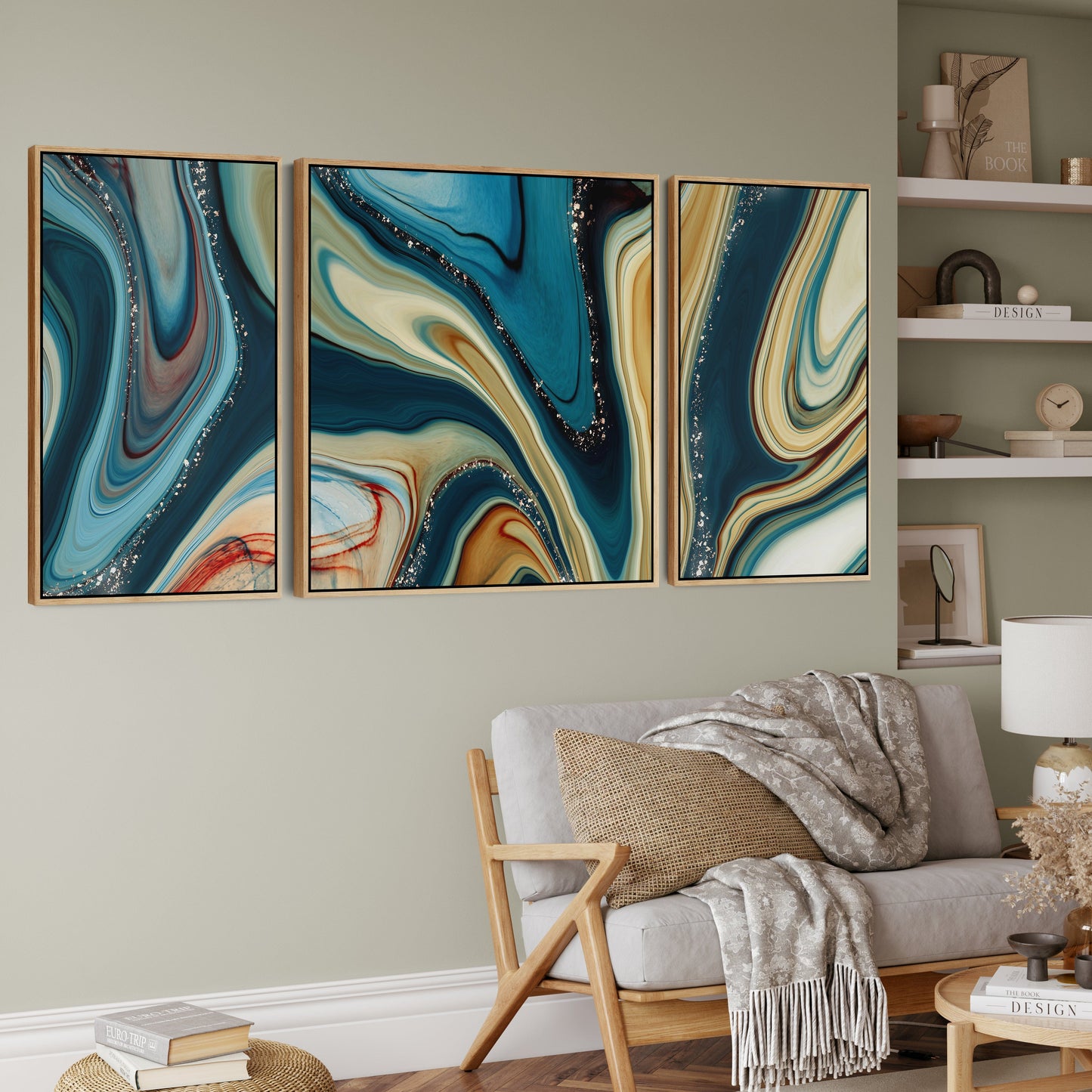 Extra Large Framed Wall Art Pictures for Living Room - Teal Blue Abstract - Set of 3 - XXL 212cm Wide