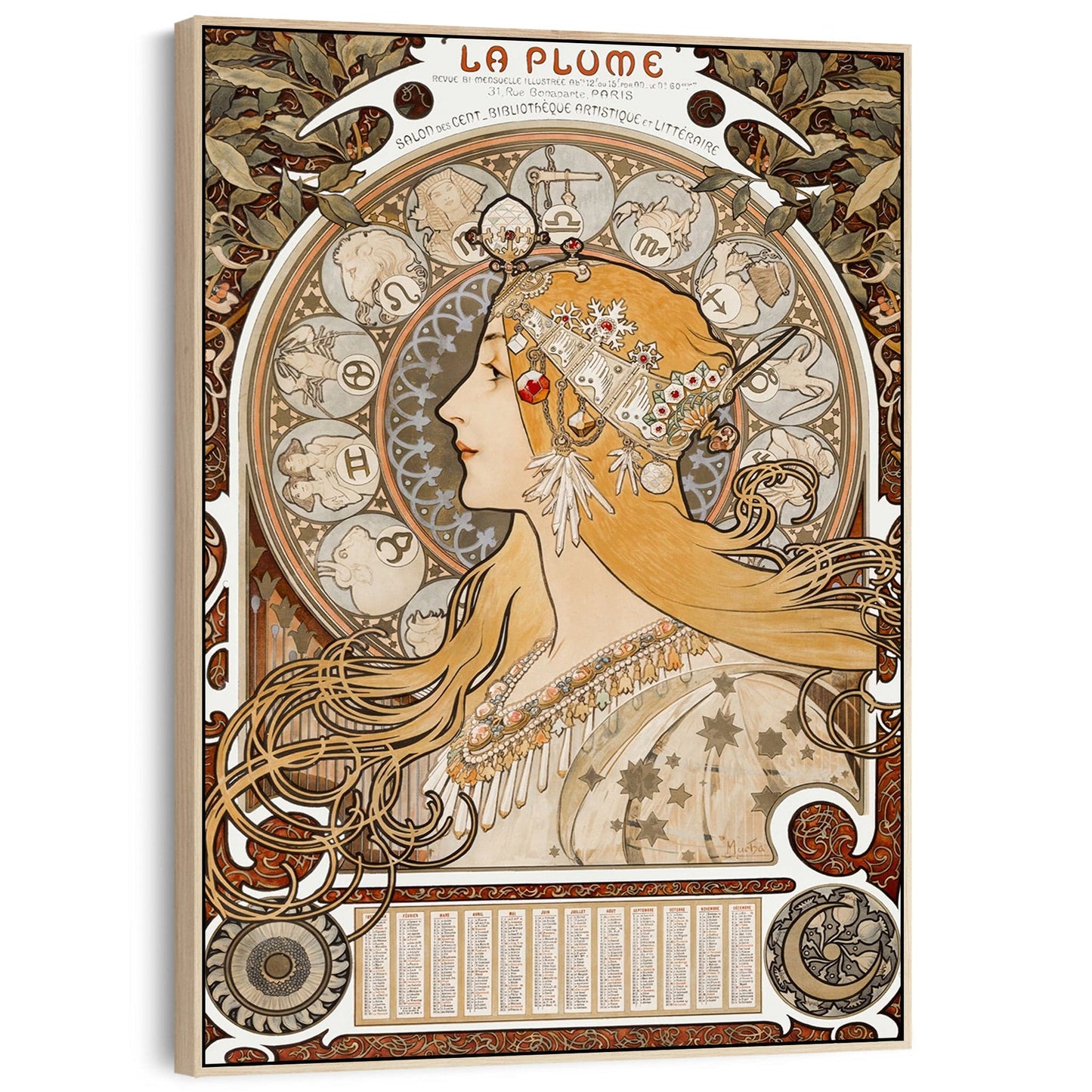 Alphonse Mucha Wall Art Framed Canvas Print of Zodian Calendar Painting