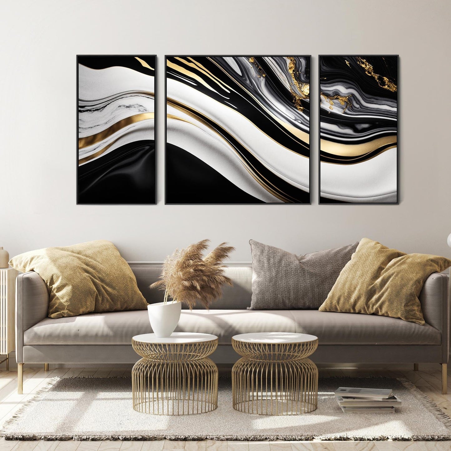 Extra Large Black Gold Framed Wall Art - Modern XXL Set 3 Canvas - 212cm Wide