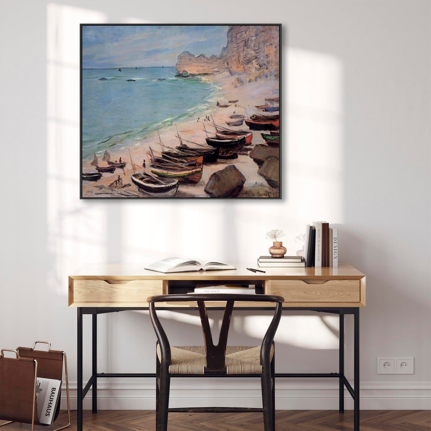 Claude Monet Landscape Framed Canvas Print of Boats on the Beach at Etretat Painting