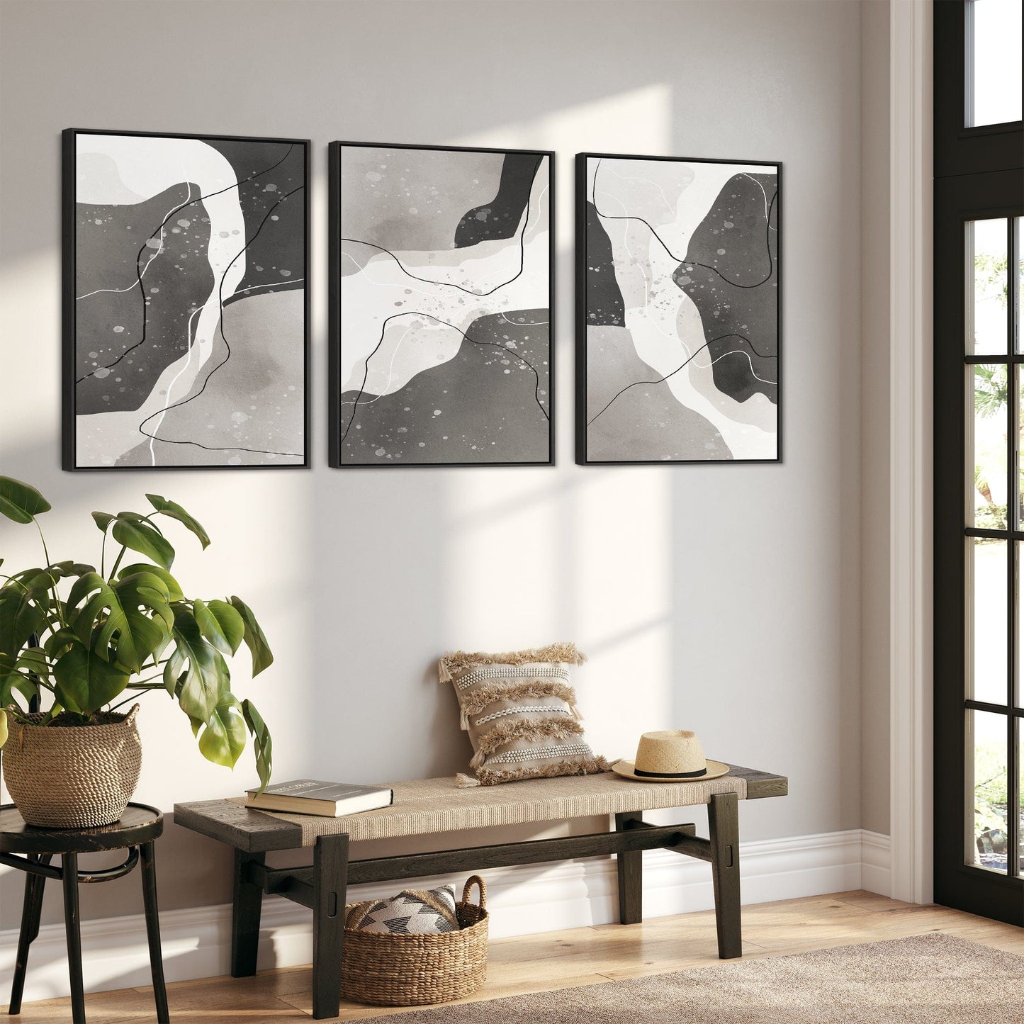 Large Grey Wall Art for Living Room - XL Set of 3 Framed Canvas Pictures