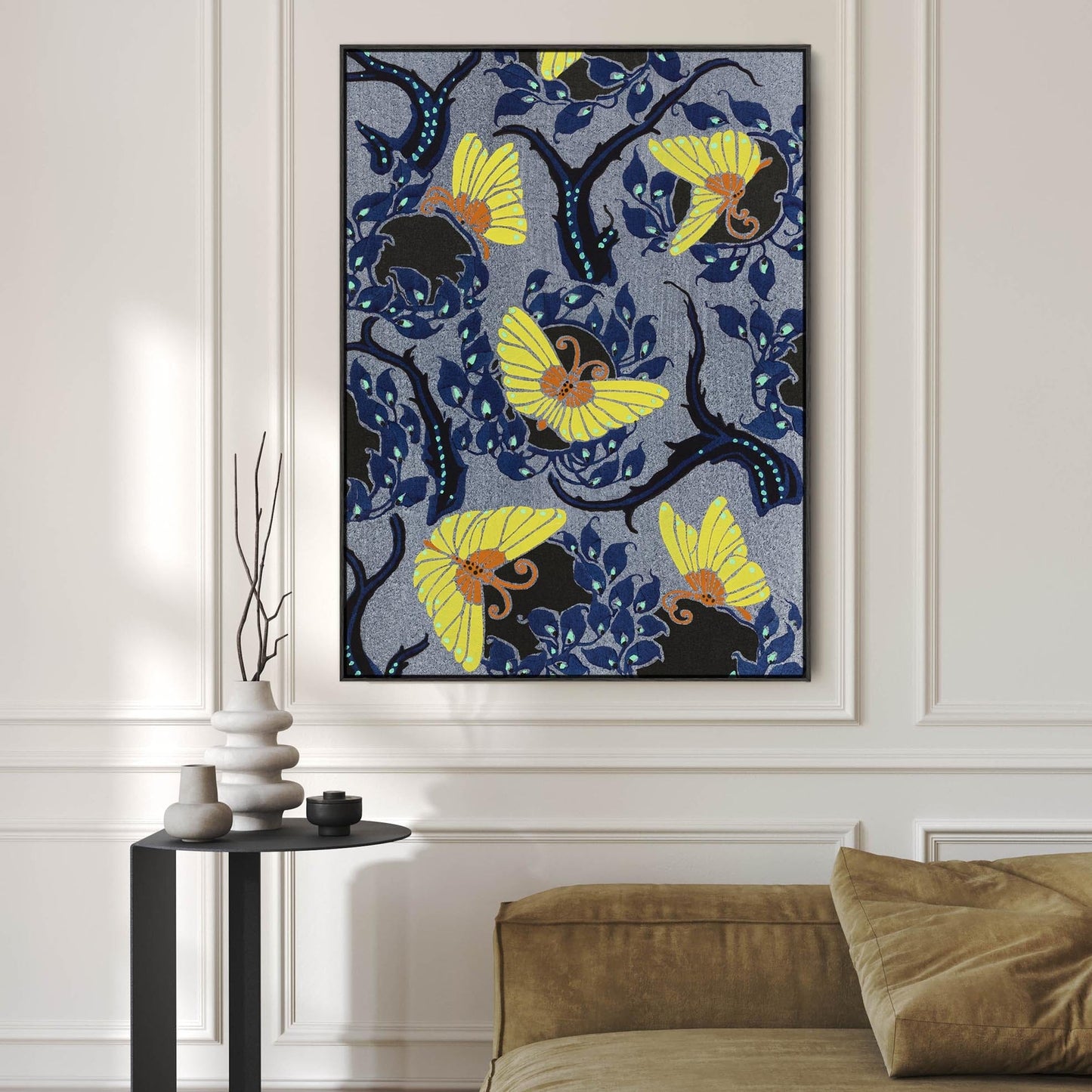 Large Blue Yellow Art Nouveau Butterflies Framed Prints on Canvas Samarkande by EA Seguy