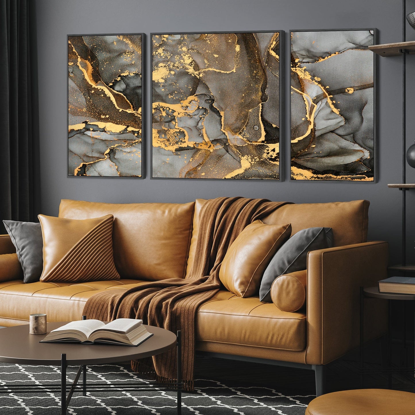Extra Large Framed Wall Art Pictures for Living Room - Grey Black Gold Abstract Marble - Set of 3 - XXL 212cm Wide