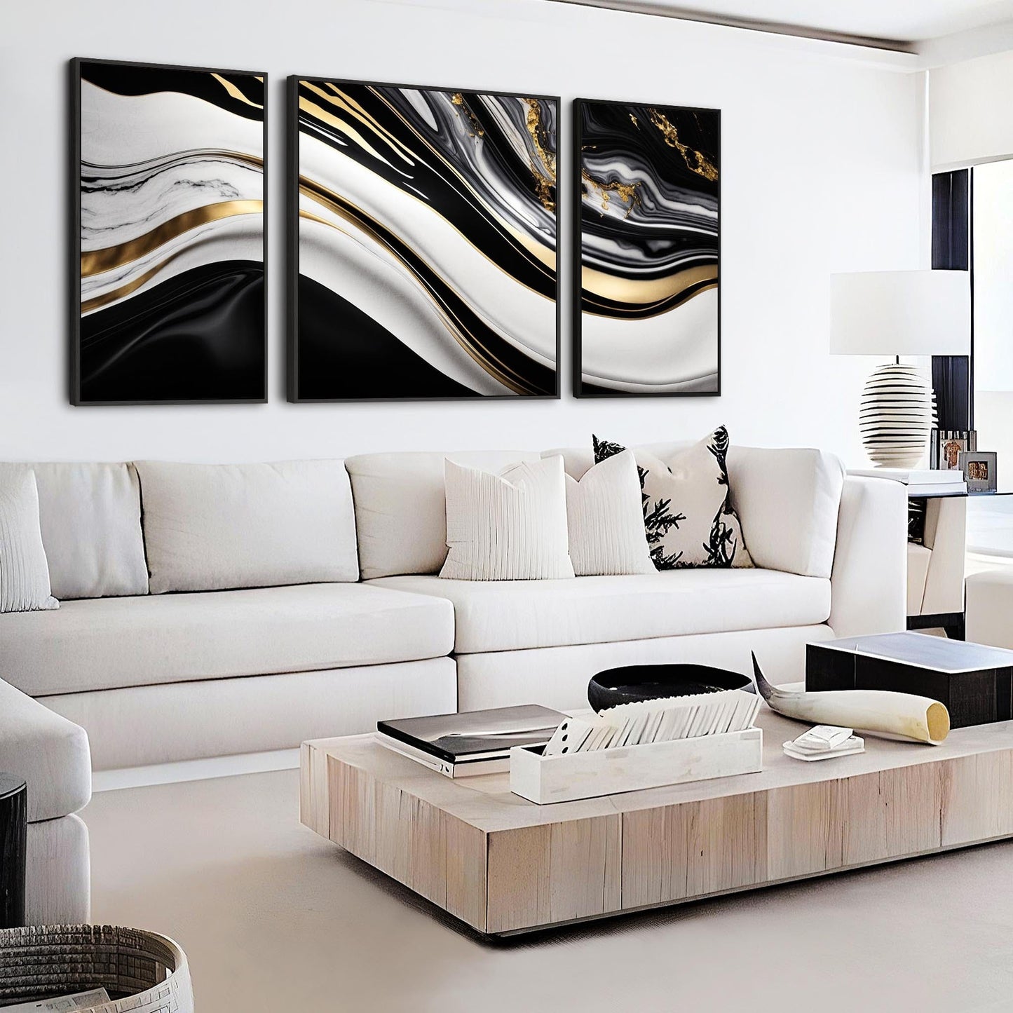Extra Large Black Gold Framed Wall Art - Modern XXL Set 3 Canvas - 212cm Wide