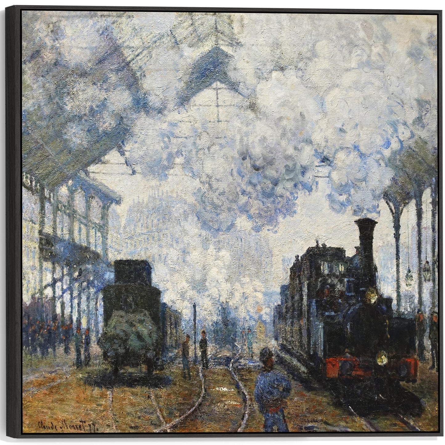 Claude Monet Framed Canvas Wall Art - Arrival of the Normandy Train - XL 100cm x 100cm