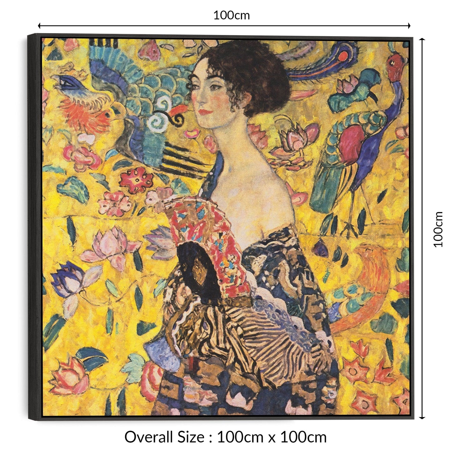 Large Gustav Klimt Framed Wall Art Canvas - Lady with Fan - 100cm x 100cm