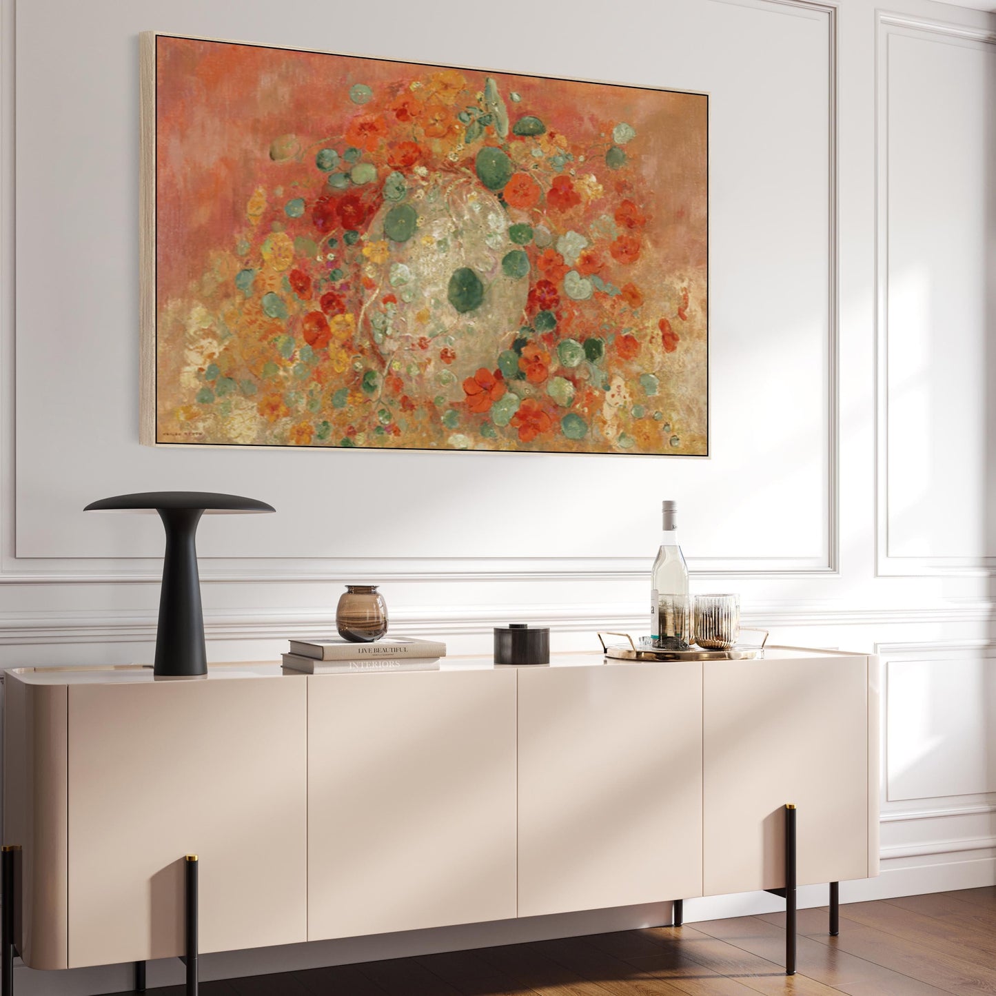 Large Red Abstract Wall Art Framed Canvas Print of Nasturtium Painting by Odilon Redon