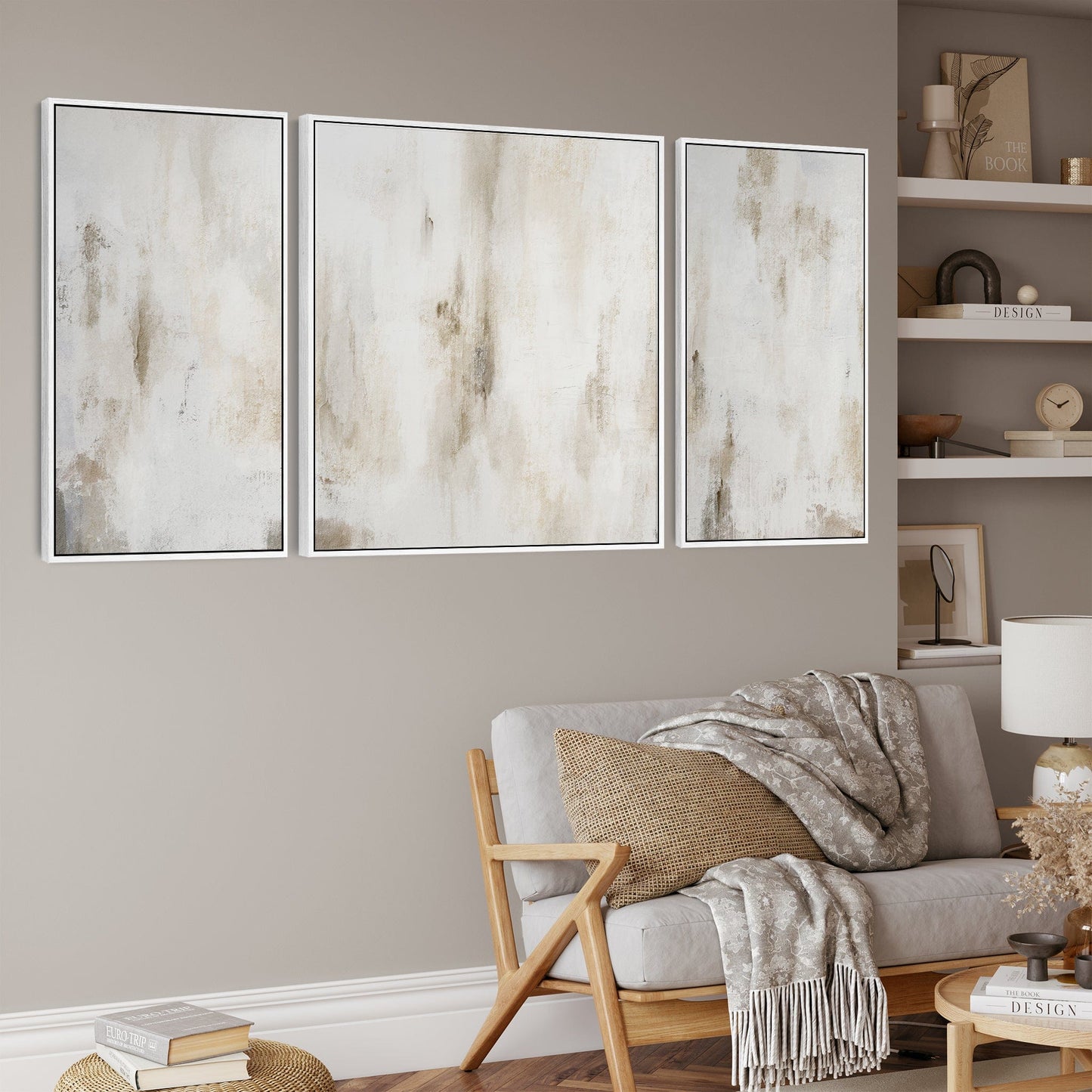 Large Framed Neutral Wall Art Canvas for Living Room - Abstract Set of 3 - 212cm Wide