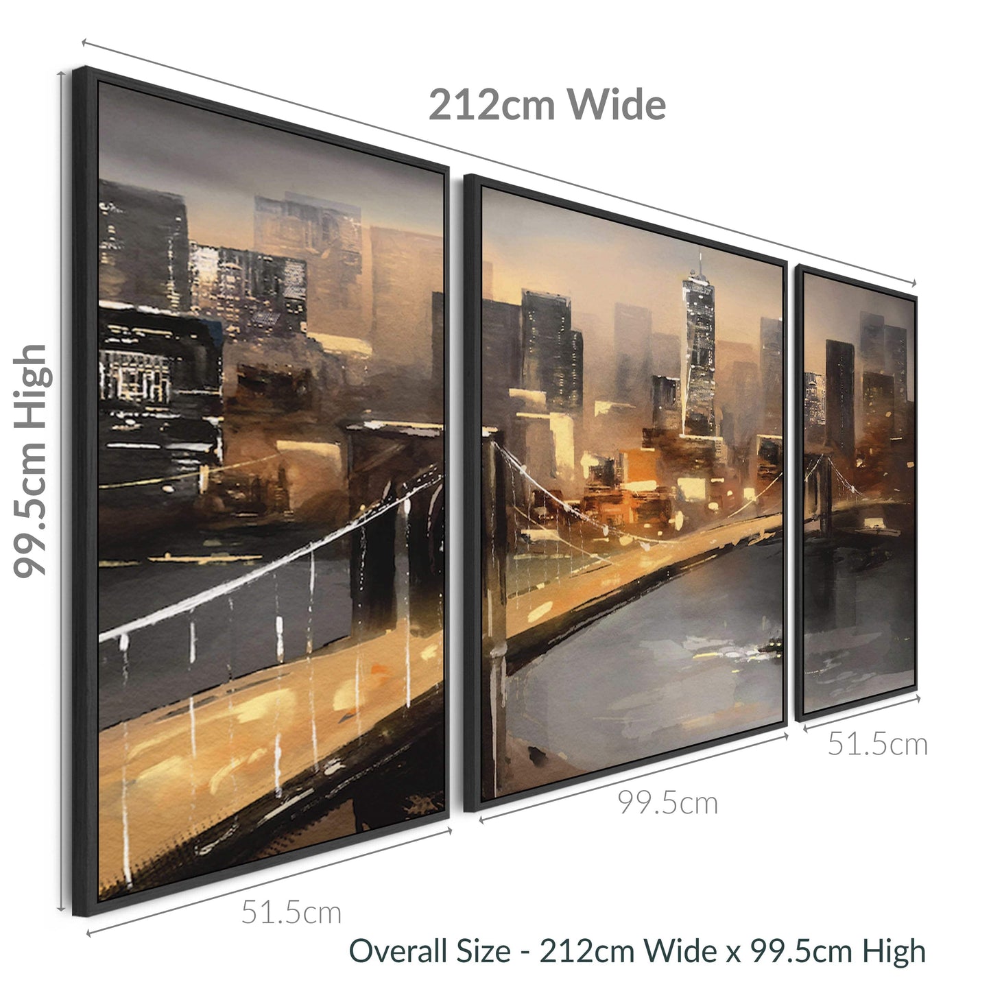Extra Large Framed Wall Art Pictures for Living Room - NYC Set of 3 - New York City Skyline at Night - XXL 212cm Wide