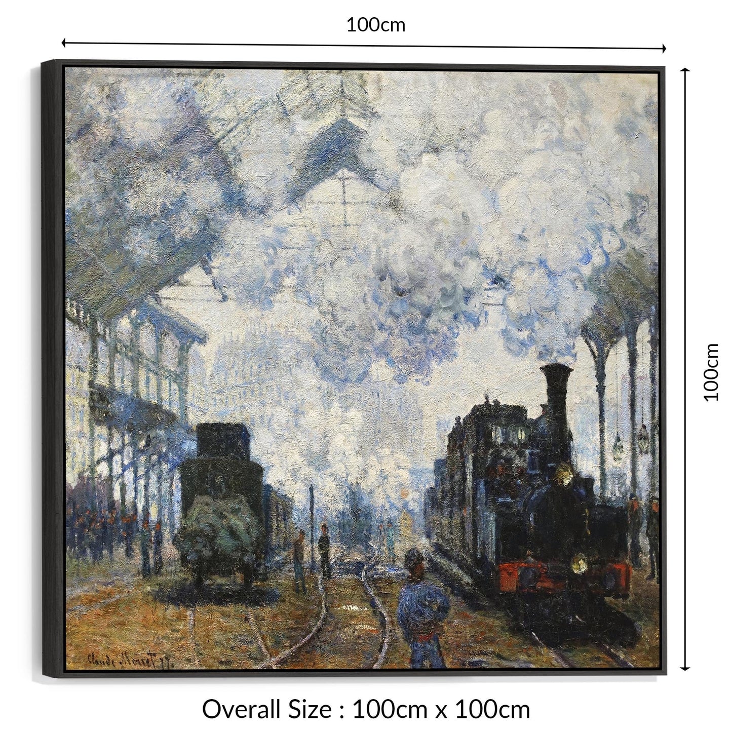 Claude Monet Framed Canvas Wall Art - Arrival of the Normandy Train - XL 100cm x 100cm