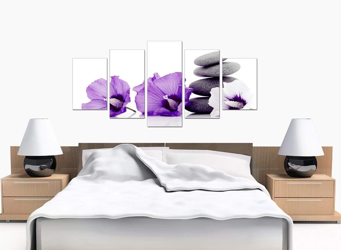 Large Purple Grey White Flowers Zen Stones Floral Canvas Art