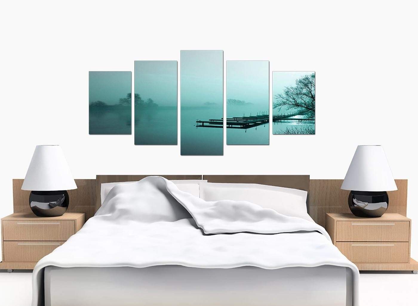 Teal Coloured Sunrise Jetty Lake View Landscape Canvas Art