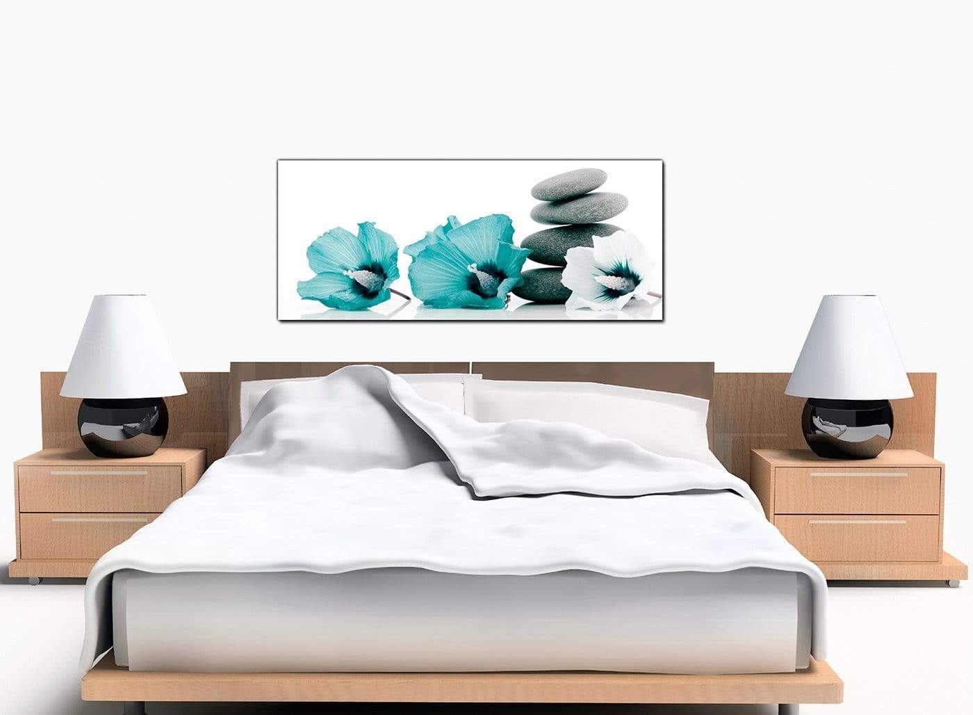 Modern Teal Grey White Flowers Zen Stones Floral Canvas