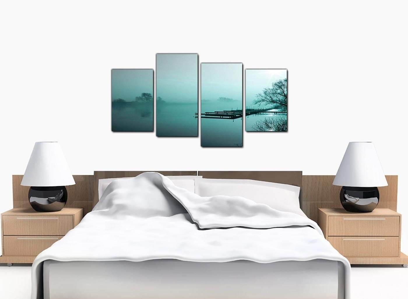 Teal Coloured Sunrise Jetty Lake View Landscape Canvas Art