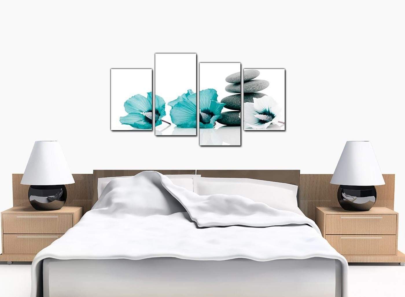 Modern Teal Grey White Flowers Zen Stones Floral Canvas