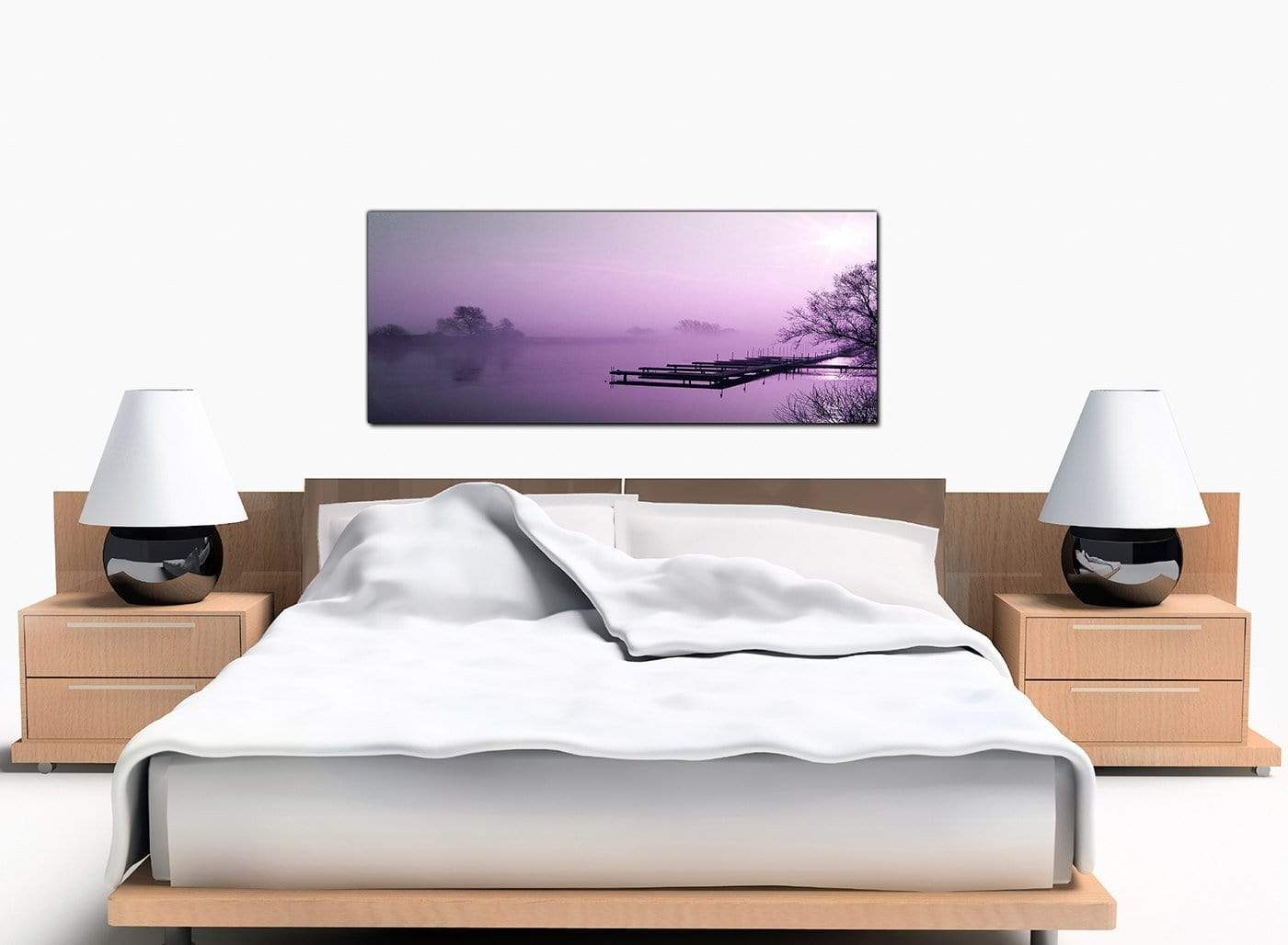 Purple Sunset Jetty Lake View Landscape Modern Canvas Art