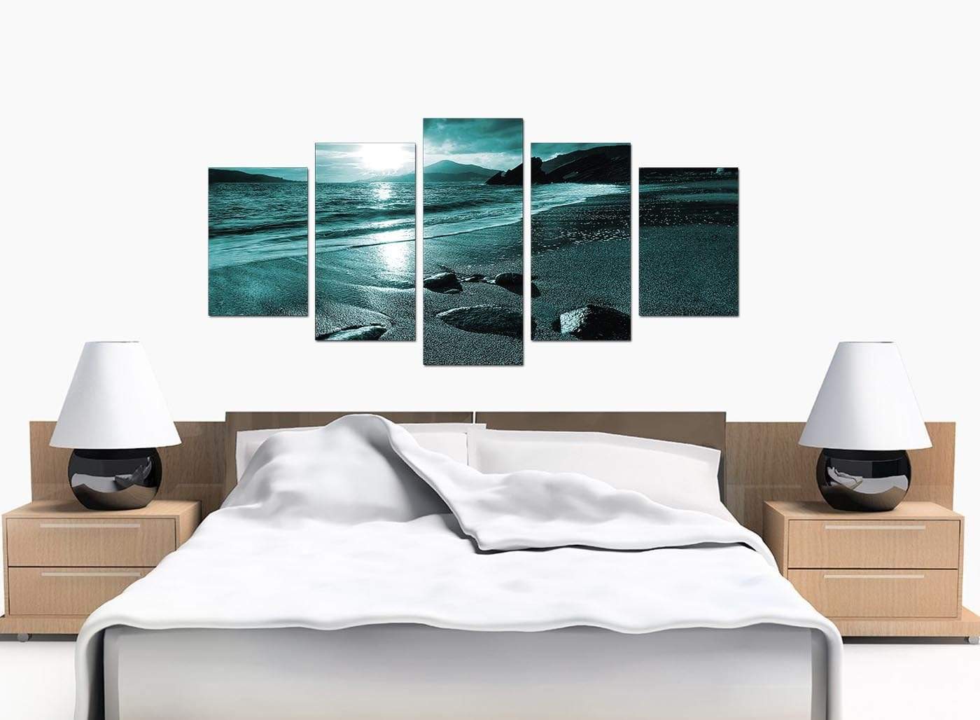 Modern Teal Coloured Sunset Beach Scene Landscape Canvas