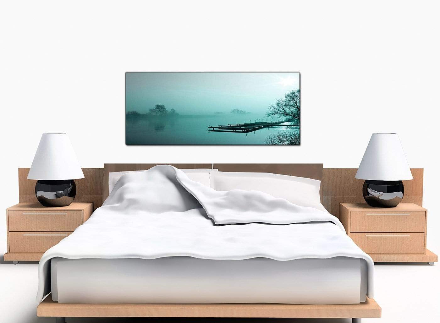 Teal Coloured Sunrise Jetty Lake View Landscape Canvas Art