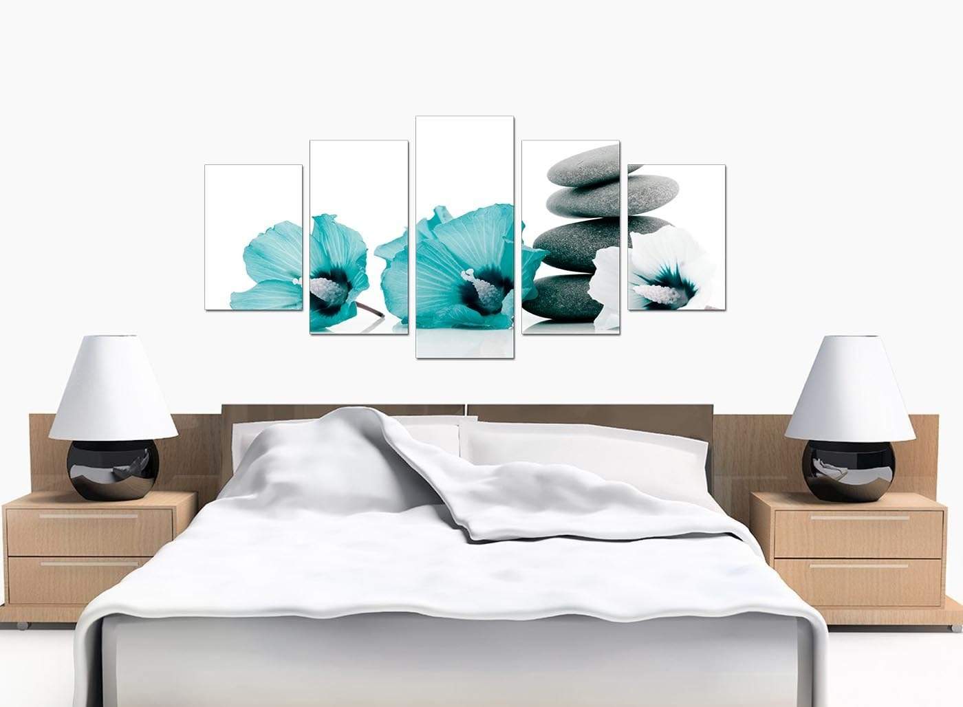 Modern Teal Grey White Flowers Zen Stones Floral Canvas