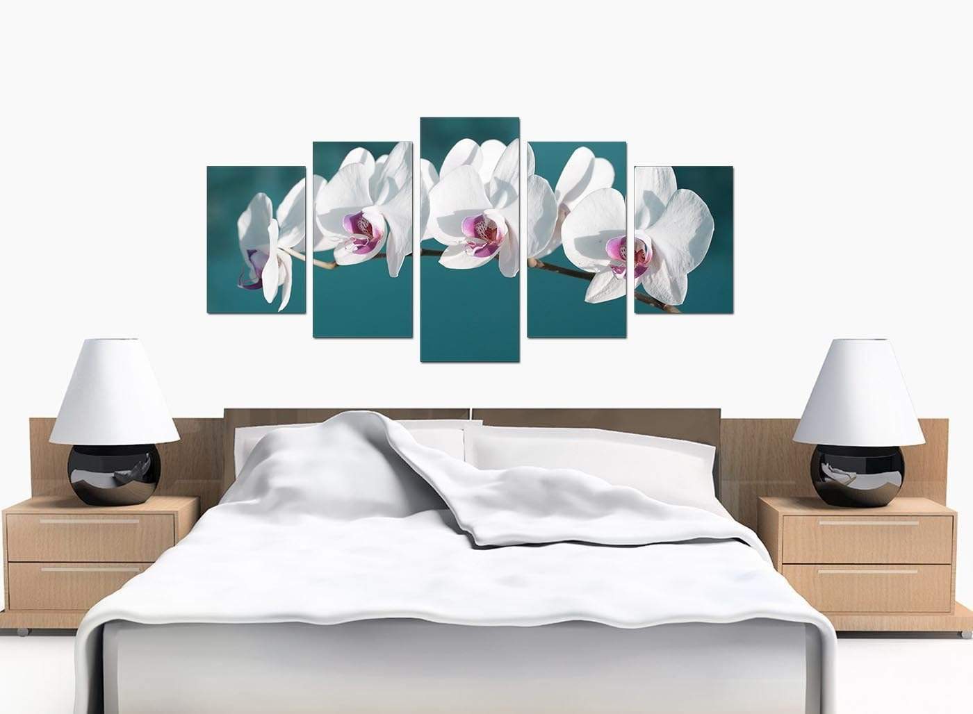 Teal White Orchid Flower Branch Floral Canvas