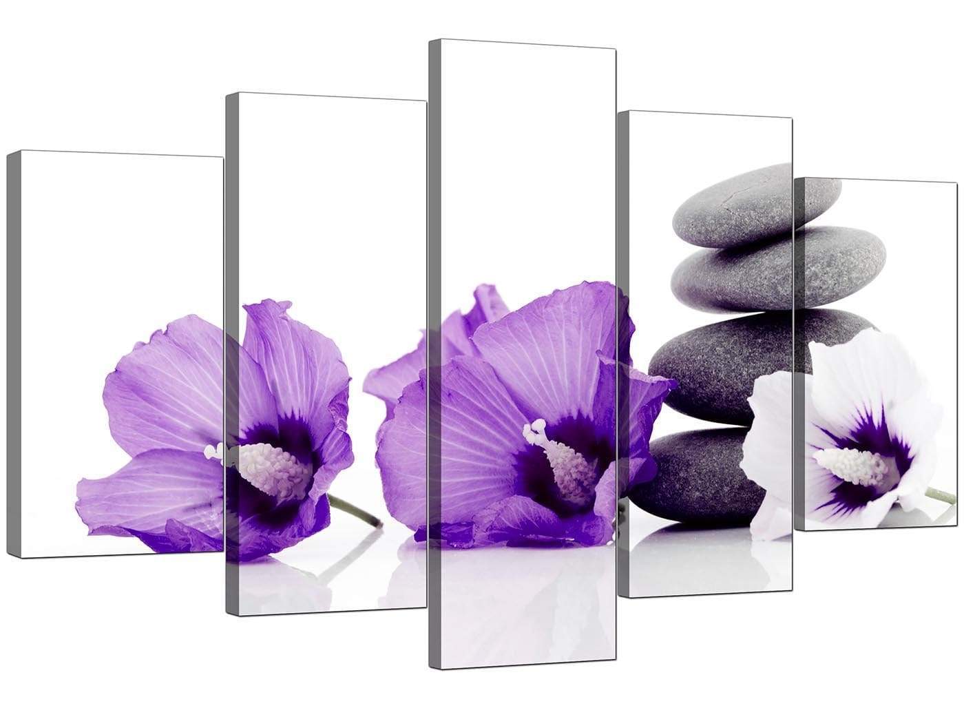 Large Purple Grey White Flowers Zen Stones Floral Canvas Art