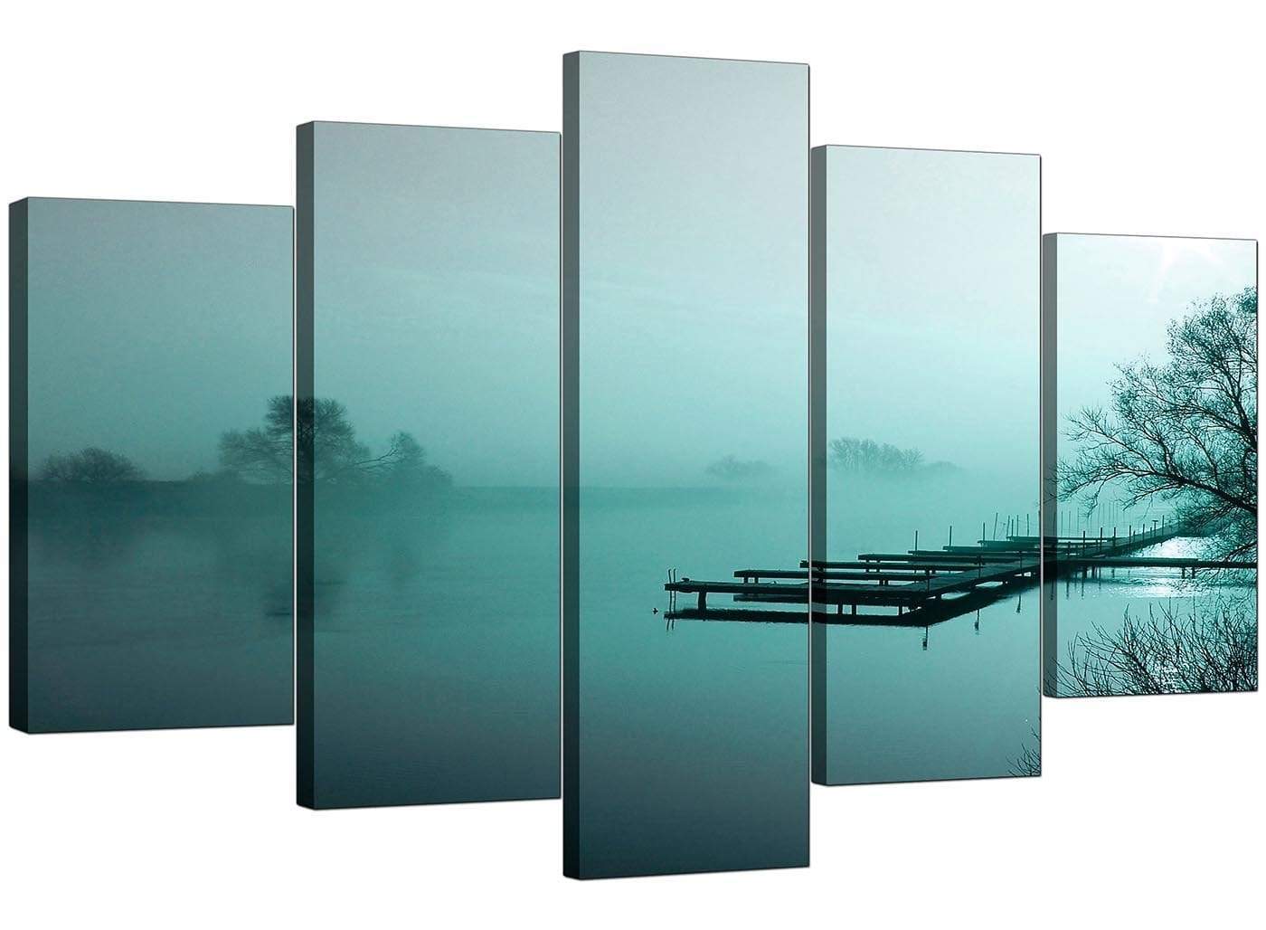 Teal Coloured Sunrise Jetty Lake View Landscape Canvas Art