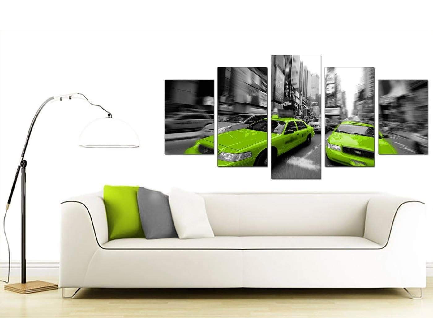 Modern Lime Green Grey New York Taxi Cab Cityscape Canvas