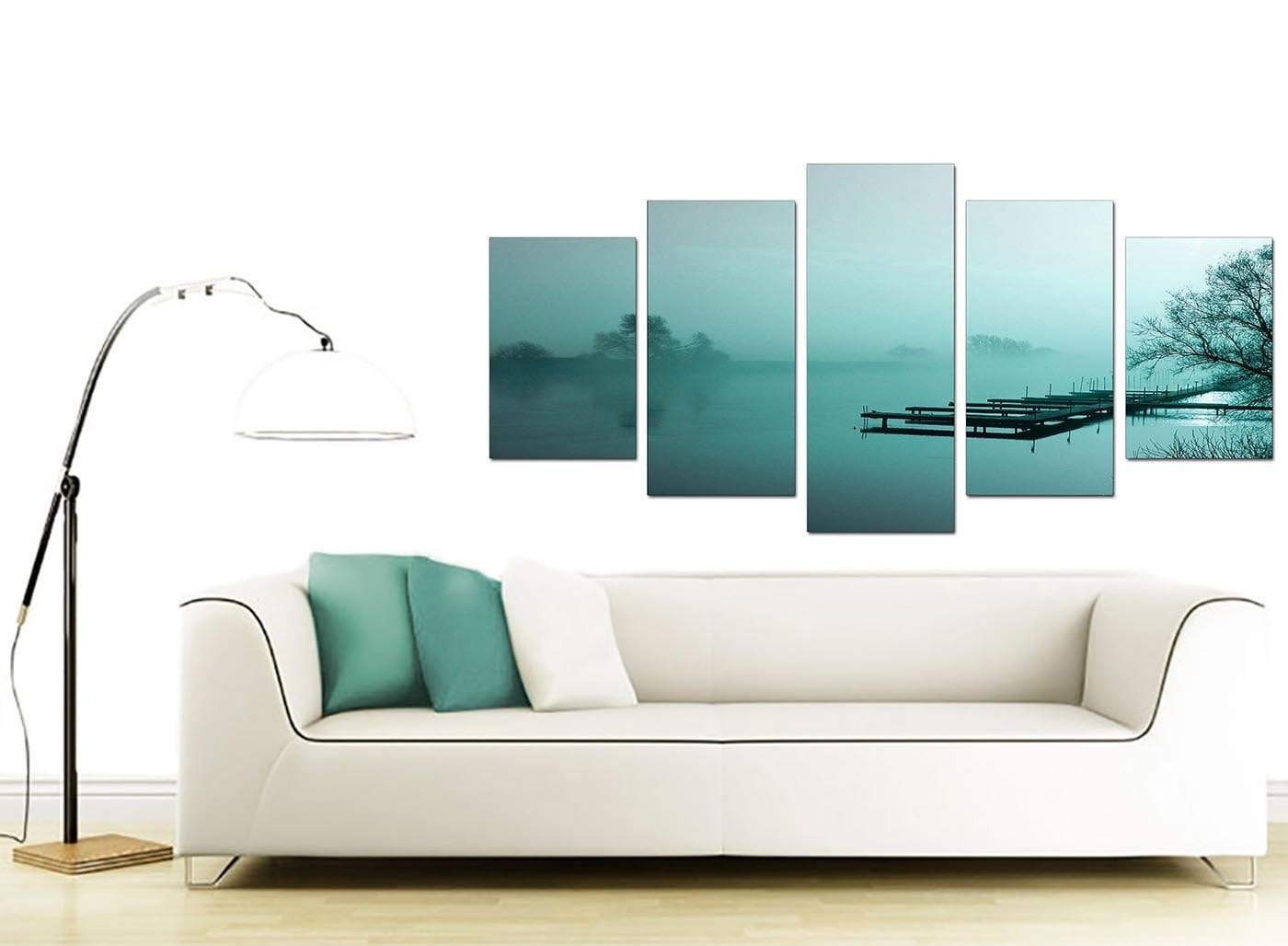 Teal Coloured Sunrise Jetty Lake View Landscape Canvas Art