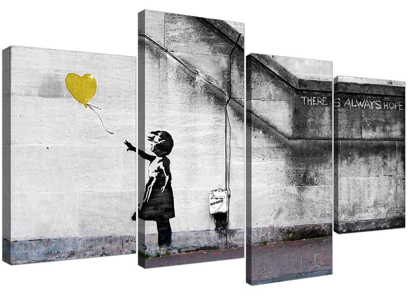 Modern Banksy Balloon Girl Yellow Heart Hope Canvas