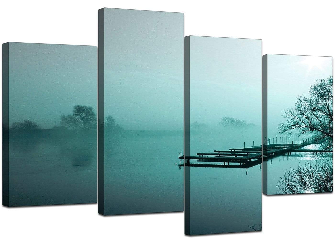 Teal Coloured Sunrise Jetty Lake View Landscape Canvas Art