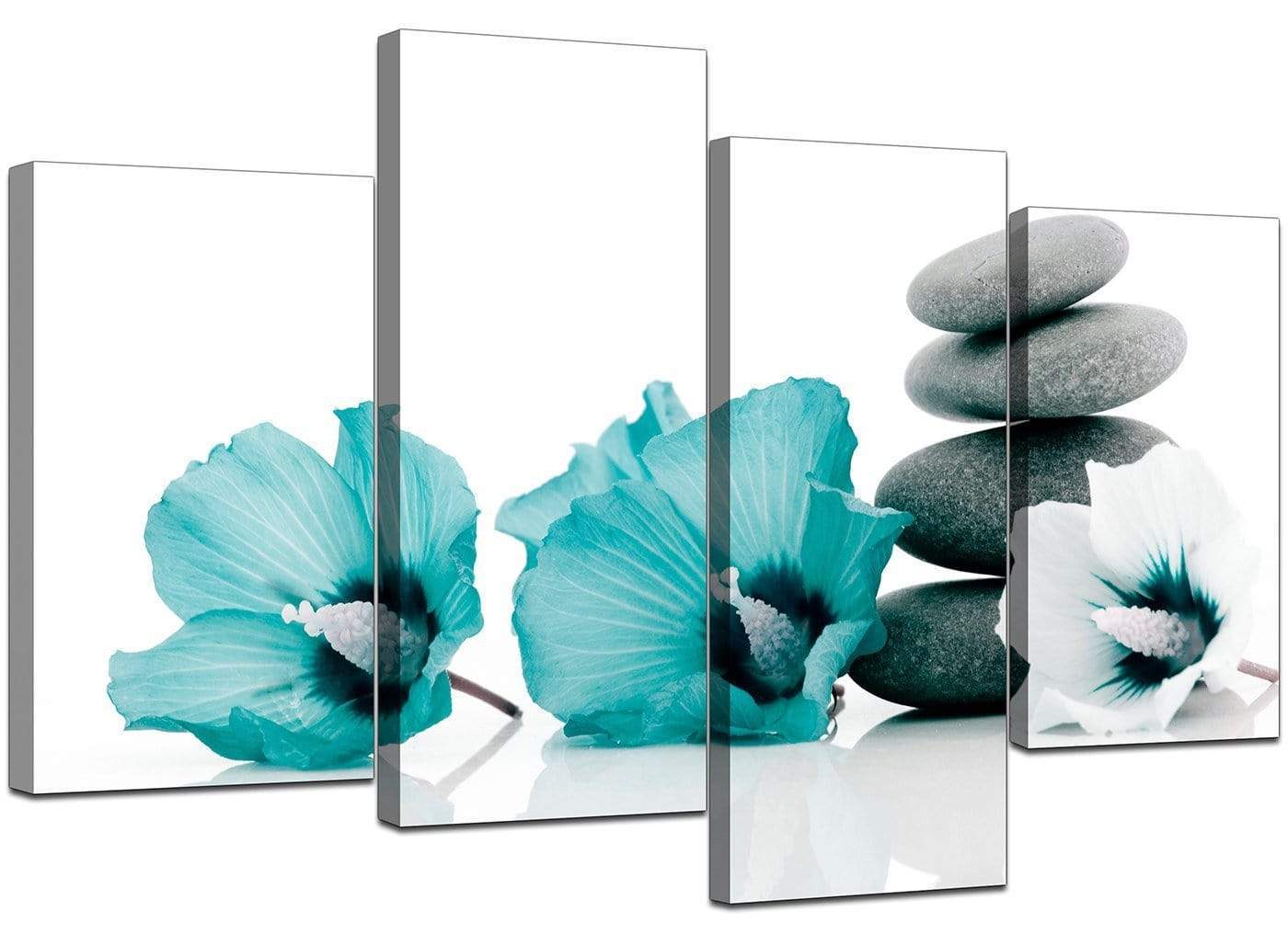 Modern Teal Grey White Flowers Zen Stones Floral Canvas