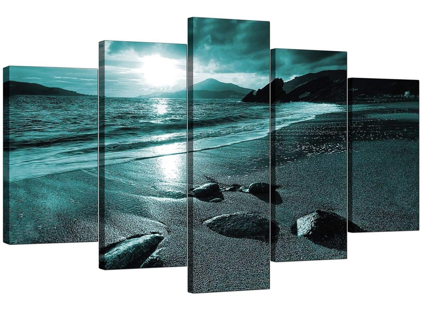 Modern Teal Coloured Sunset Beach Scene Landscape Canvas