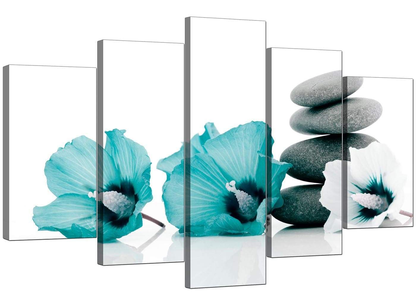 Modern Teal Grey White Flowers Zen Stones Floral Canvas