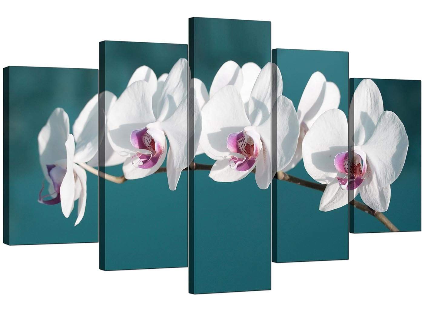 Teal White Orchid Flower Branch Floral Canvas