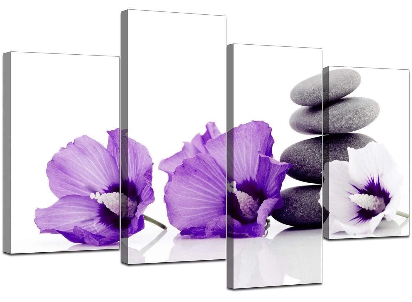 Large Purple Grey White Flowers Zen Stones Floral Canvas Art