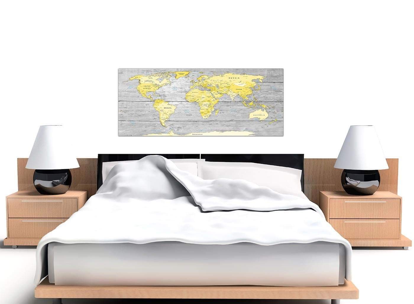 Yellow Grey Map of World Atlas Canvas Wall Art Print