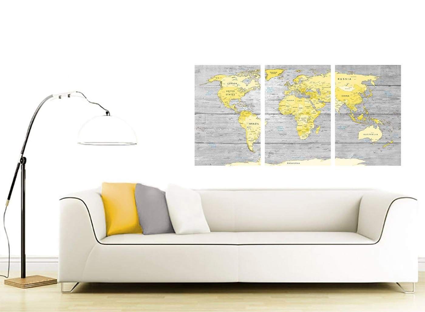 Yellow Grey Map of World Atlas Canvas Wall Art Print