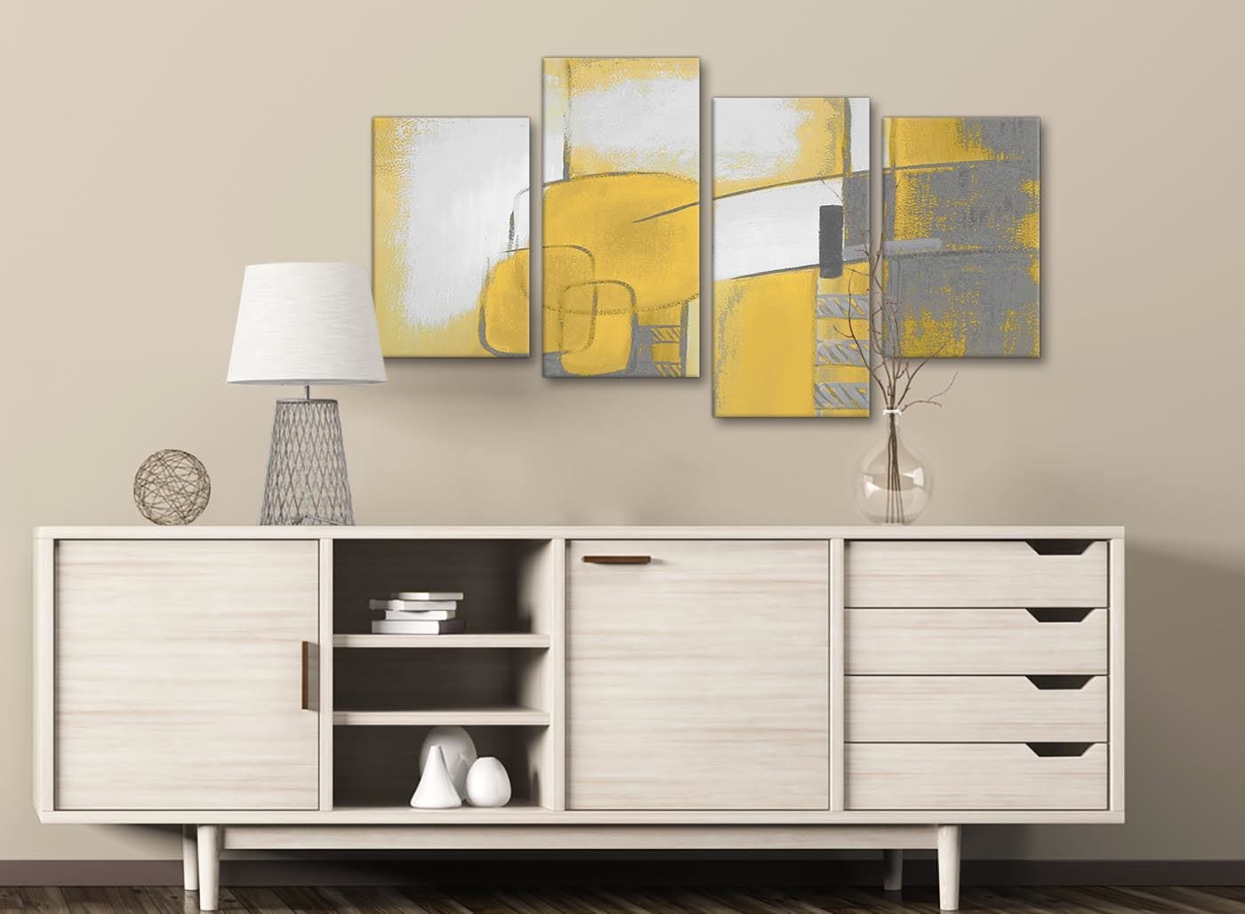 Large Mustard Yellow Grey Painting Abstract Bedroom Canvas Wall Art Decor - 4419 - 130cm Set of Prints