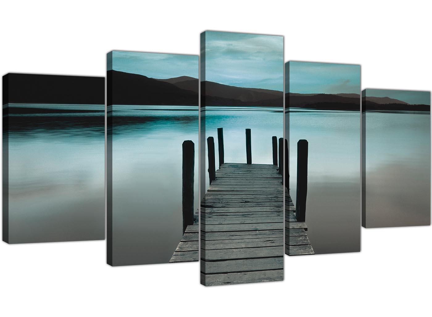 Modern Teal Grey Coloured Lake Jetty View Landscape Canvas