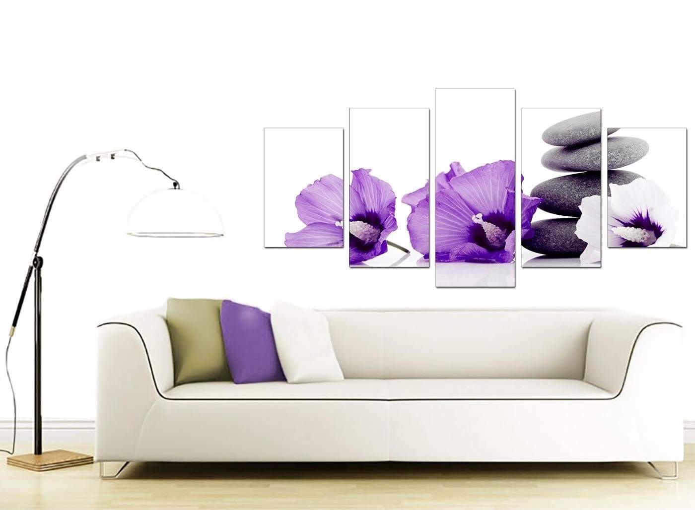 Large Purple Grey White Flowers Zen Stones Floral Canvas Art