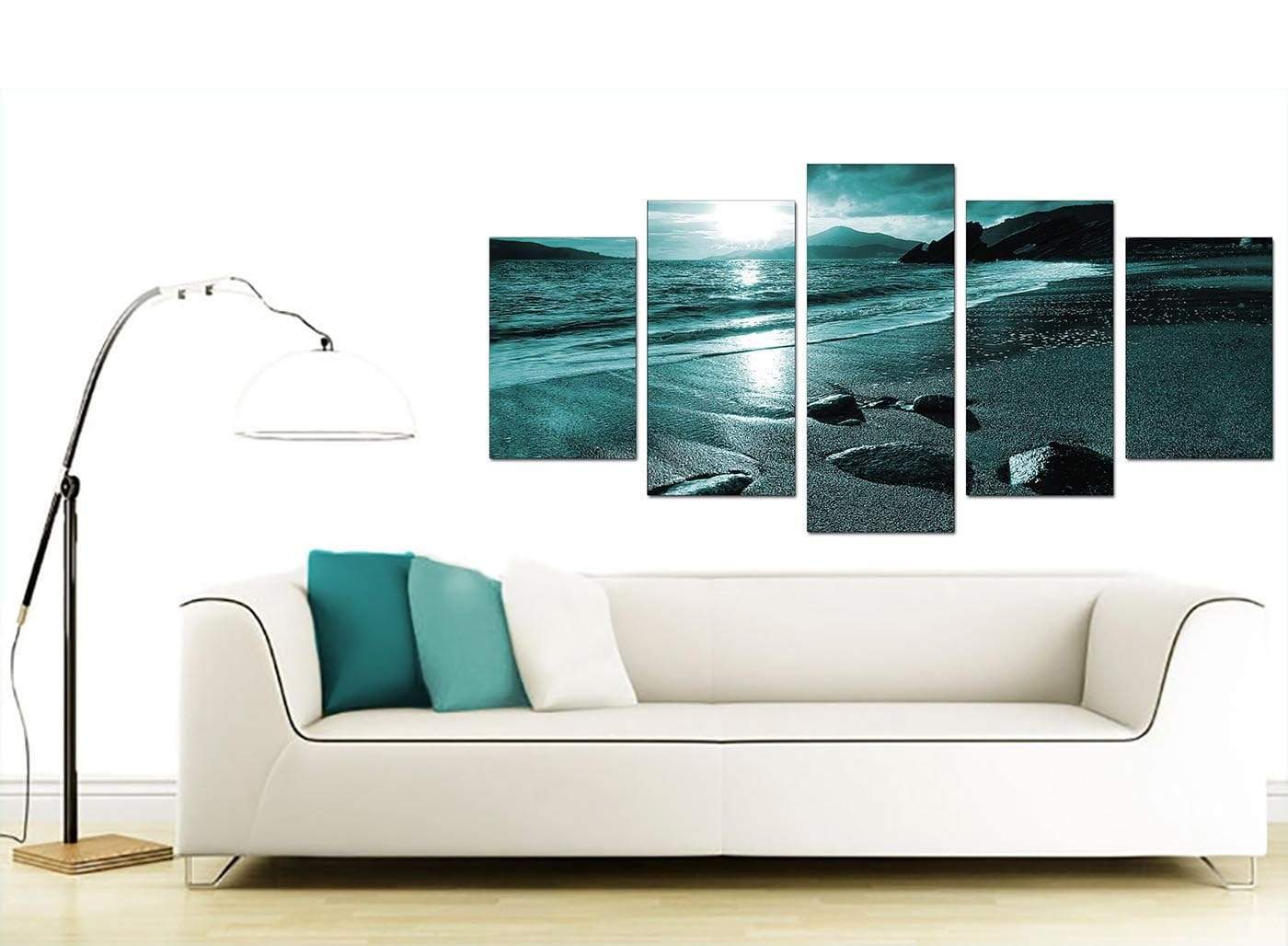 Modern Teal Coloured Sunset Beach Scene Landscape Canvas