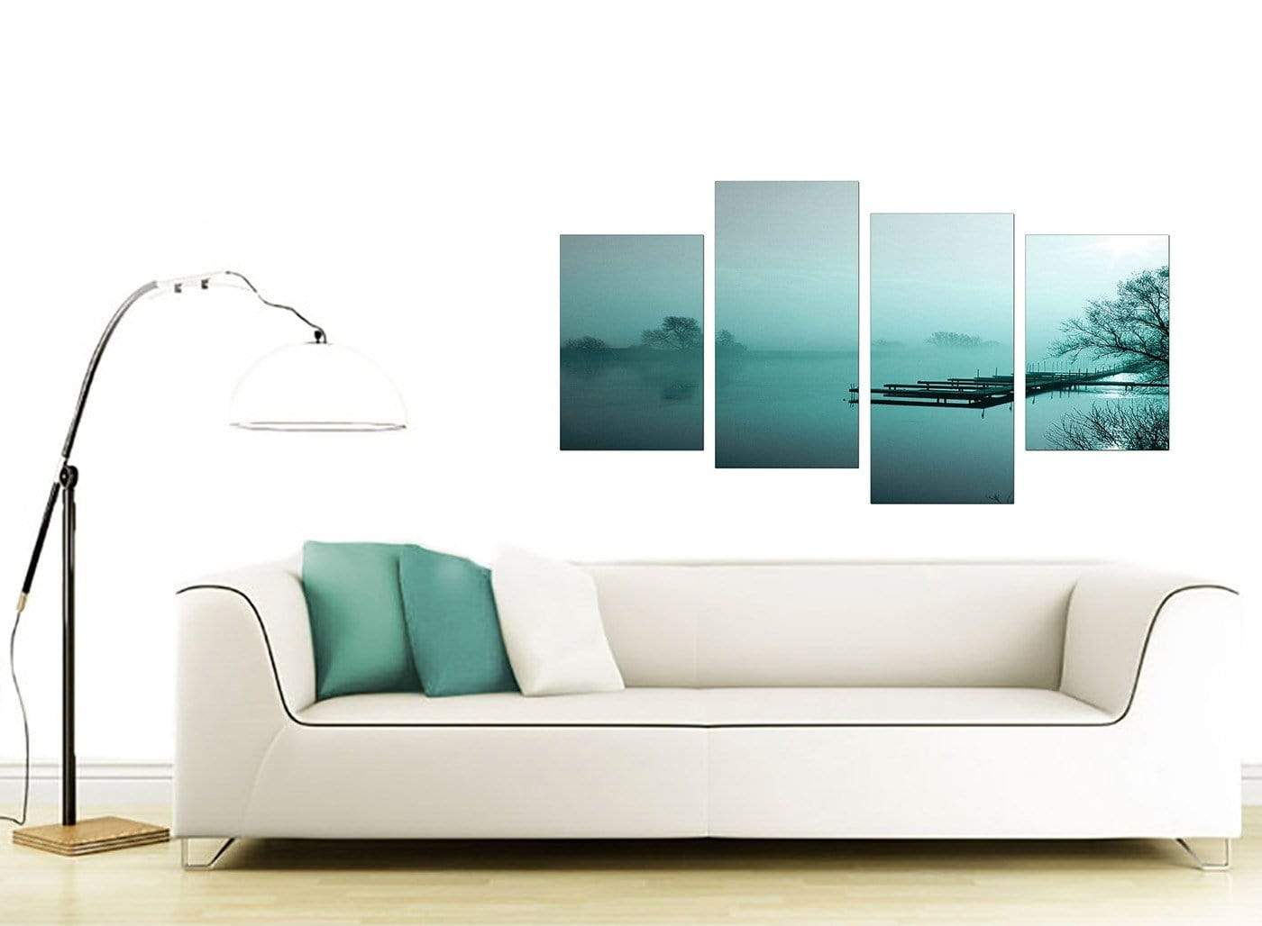 Teal Coloured Sunrise Jetty Lake View Landscape Canvas Art